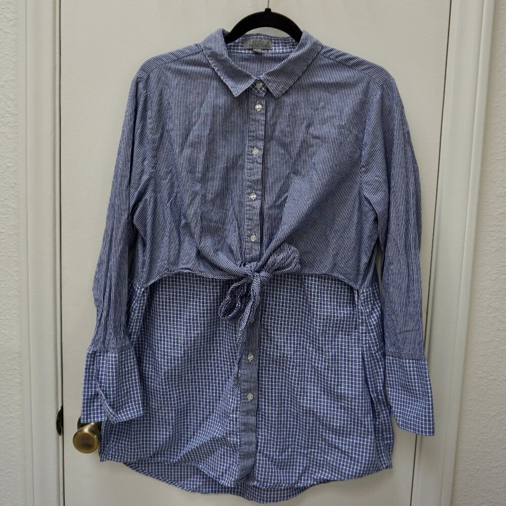 Stripe & Gingham Pattern Block Button Up with Front Tie